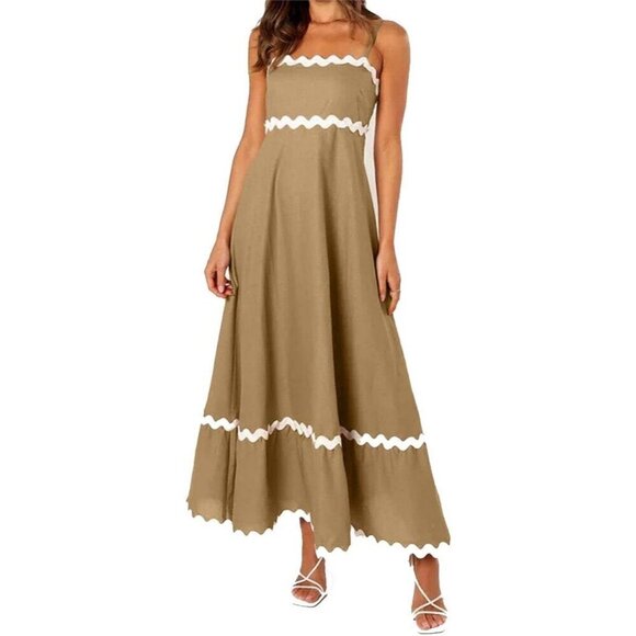 Women Khaki Spaghetti Straps Sleeveless Square Neck Smocked Rickrack Maxi Dress - Picture 1 of 7